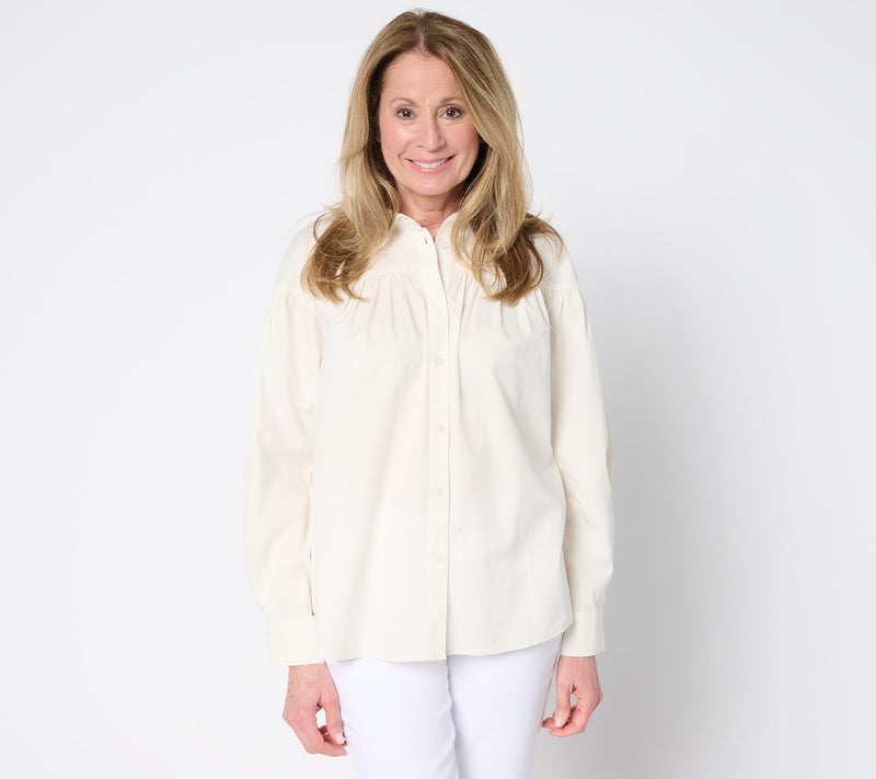 Martha Stewart Signature Shirred Woven Button Front Collared Top — View 9
