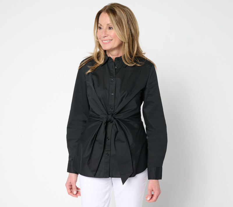 Martha Stewart Signature Woven Tie Front Collared Blouse — View 12