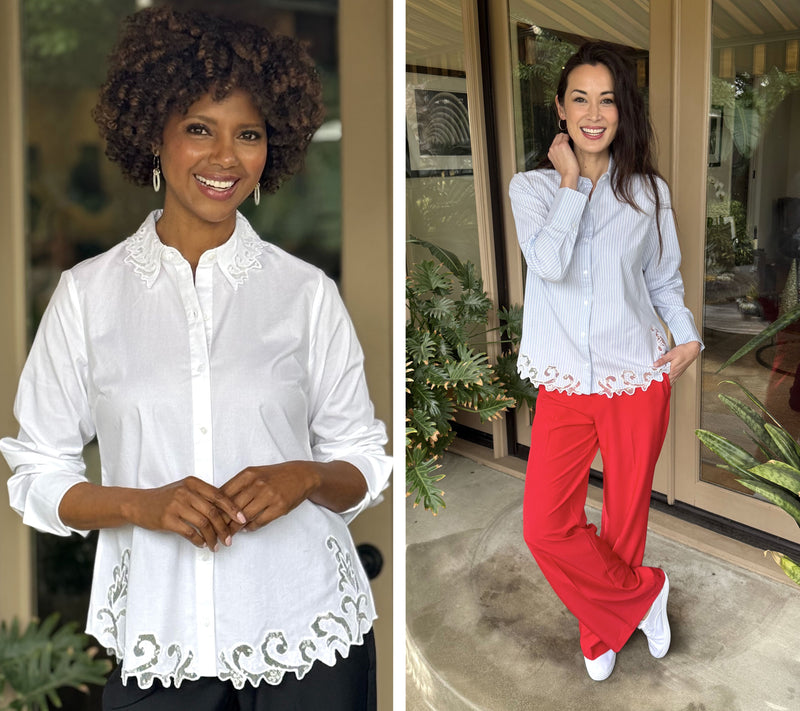 BEAUTIFUL by Lawrence Zarian Button Front Shirt with Lace Detail — View 8