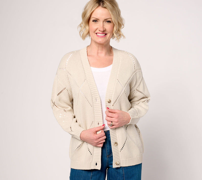 Martha Stewart Signature Diamond Stitch Button-Front Cardigan — View 10