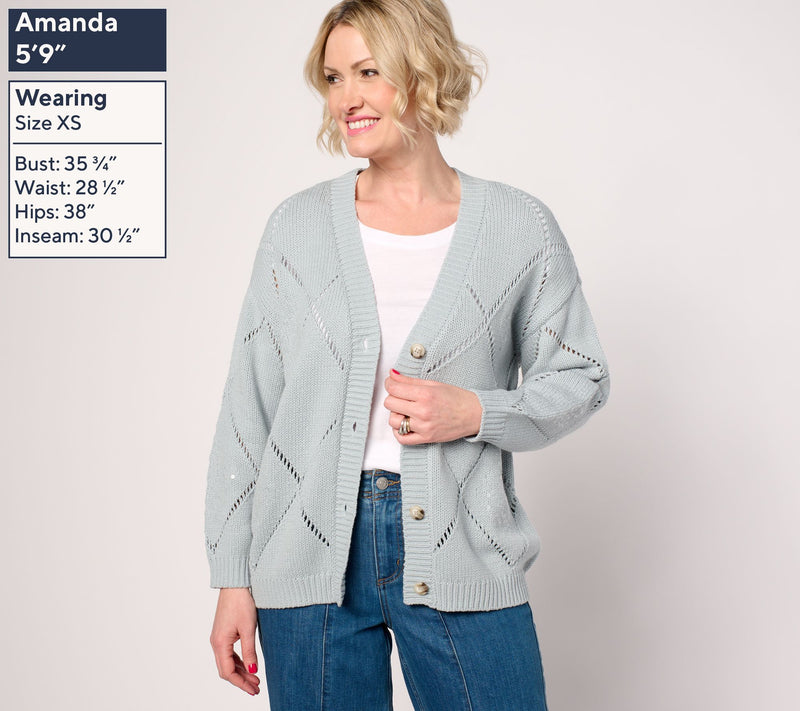 Martha Stewart Signature Diamond Stitch Button-Front Cardigan — View 3