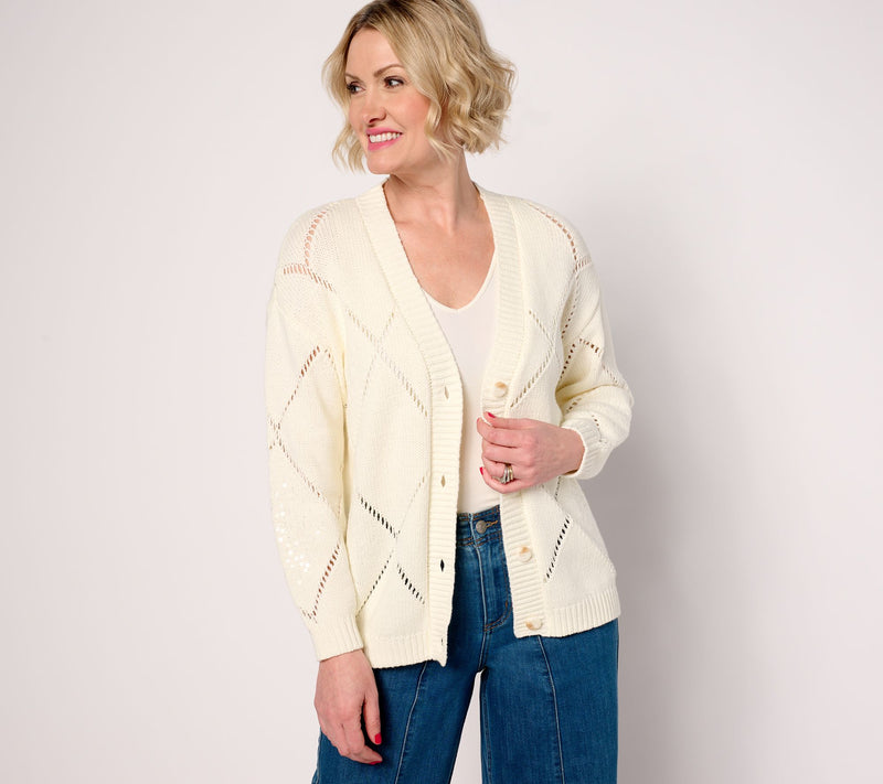 Martha Stewart Signature Diamond Stitch Button-Front Cardigan — View 12