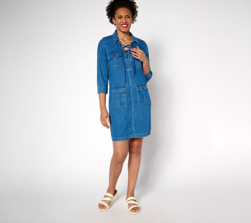 Martha Stewart Signature Petite Denim Lace Up Safari Dress — Main view