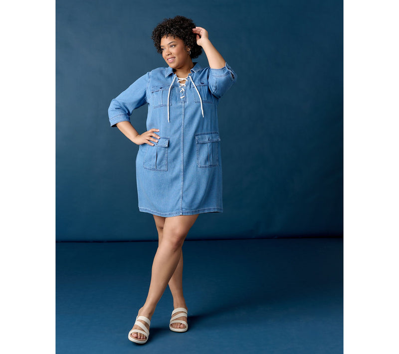 Martha Stewart Signature Petite Denim Lace Up Safari Dress — View 9