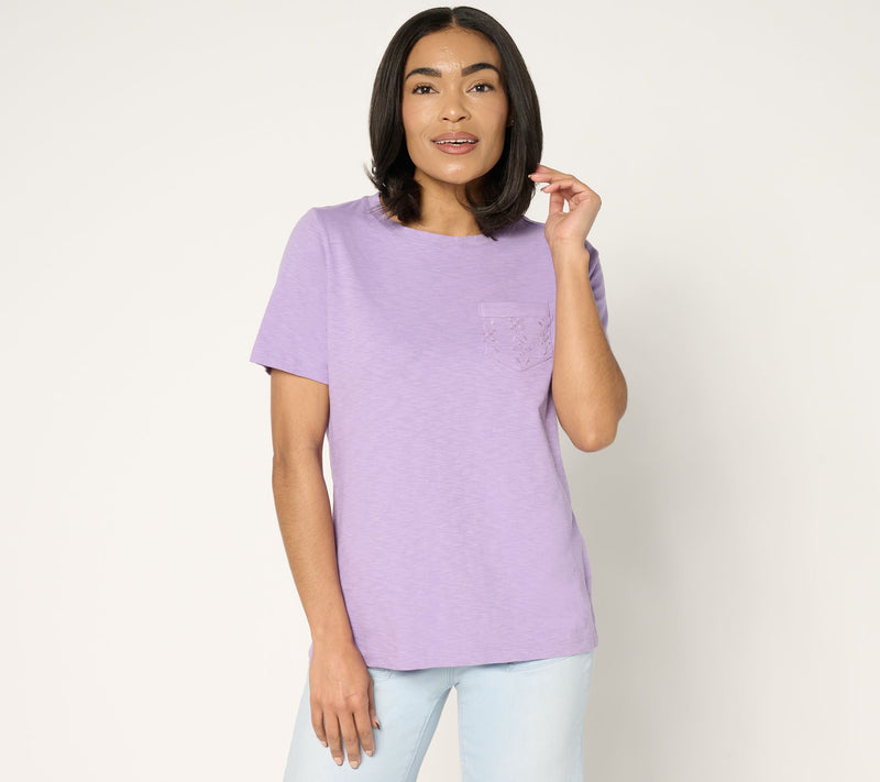 Denim & Co. 100% Cotton Short Sleeve Top with Eyelet Pocket — View 11