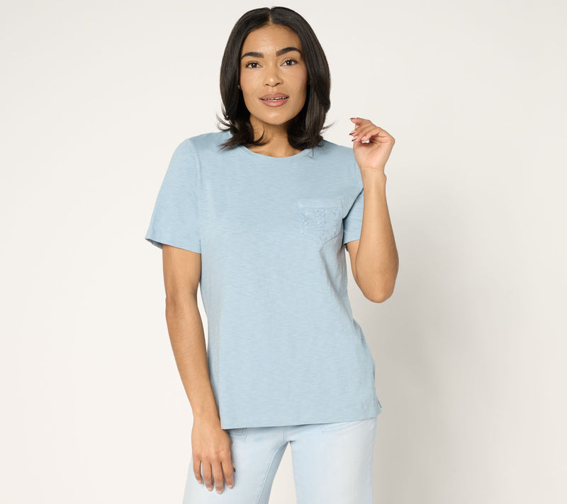 Denim & Co. 100% Cotton Short Sleeve Top with Eyelet Pocket — View 12