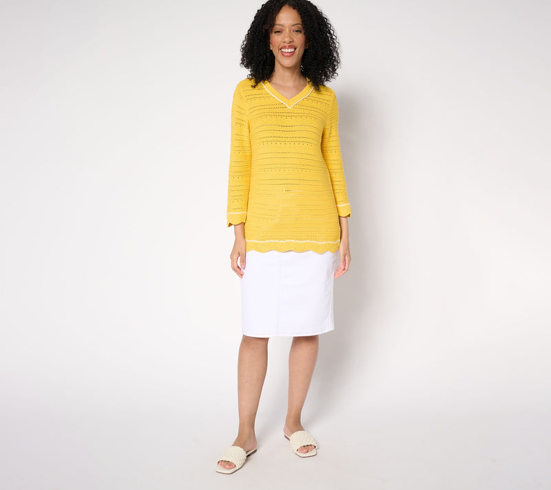 Denim & Co. Beach 100% Cotton 3/4 Sleeve V-Neck Sweater — View 4