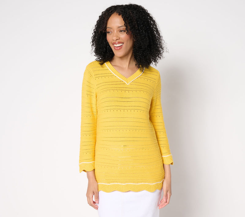 Denim & Co. Beach 100% Cotton 3/4 Sleeve V-Neck Sweater — View 10