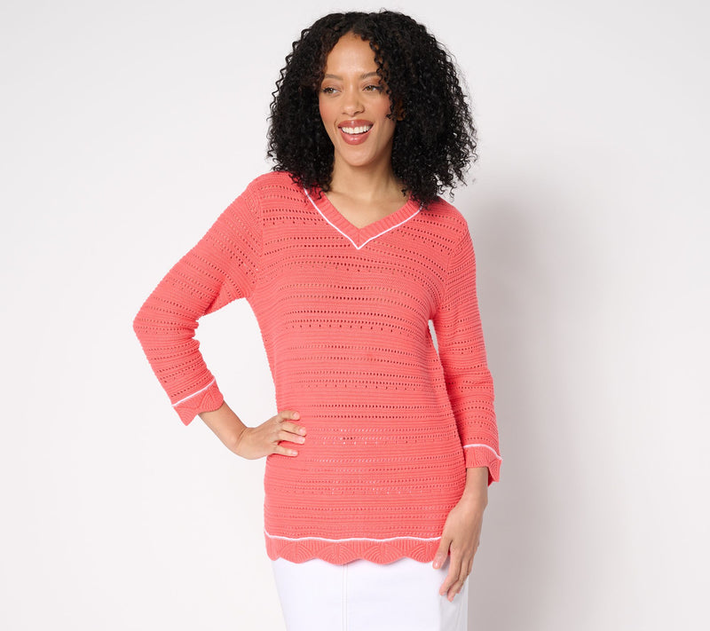Denim & Co. Beach 100% Cotton 3/4 Sleeve V-Neck Sweater — View 12