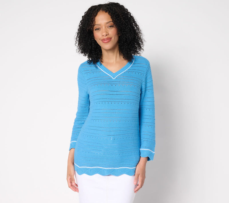 Denim & Co. Beach 100% Cotton 3/4 Sleeve V-Neck Sweater — View 13