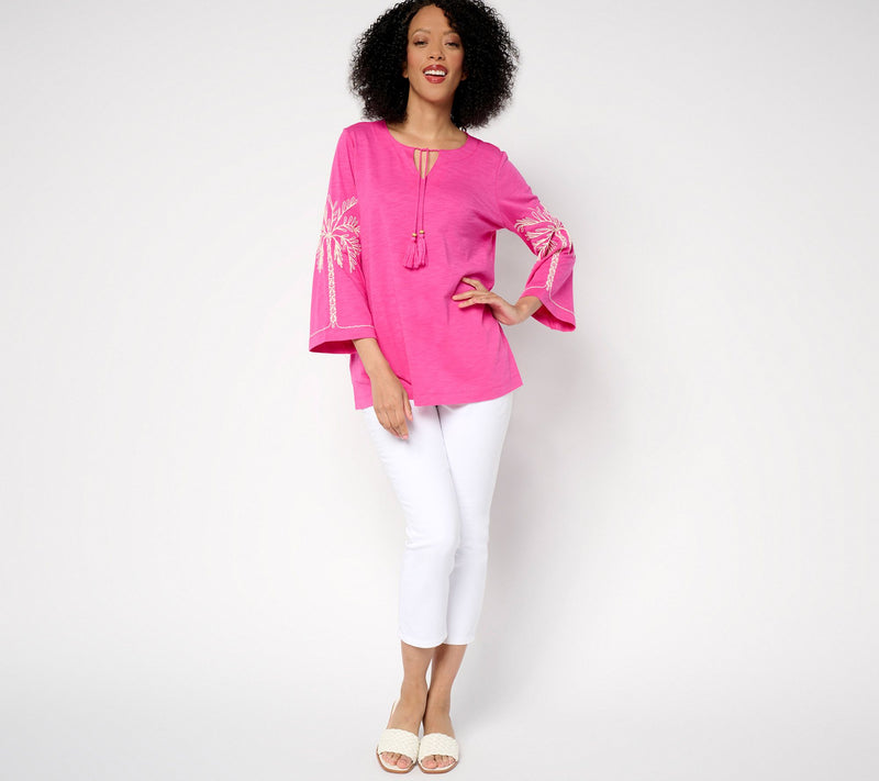 Belle Beach by Kim Gravel Slub Knit Sandy Palm Embroidered Top — View 14