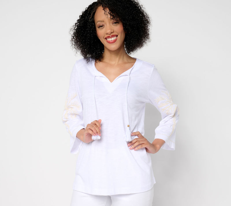 Belle Beach by Kim Gravel Slub Knit Sandy Palm Embroidered Top — View 8