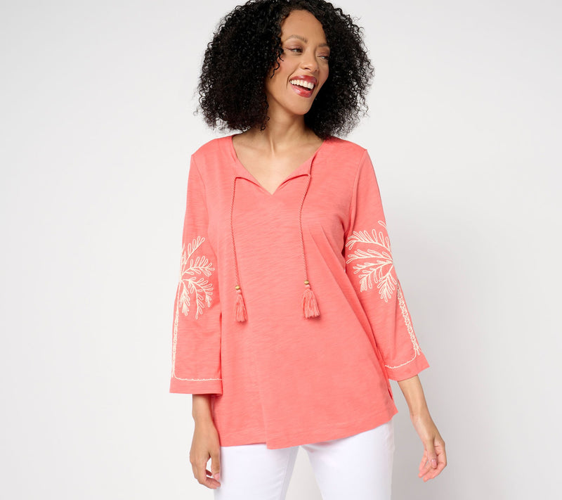 Belle Beach by Kim Gravel Slub Knit Sandy Palm Embroidered Top — View 4