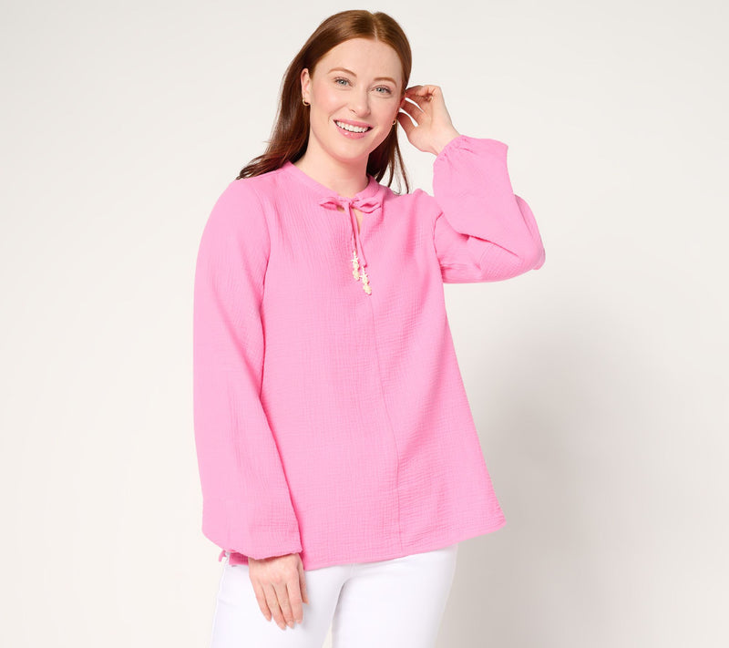 Belle Beach by Kim Gravel Beach Club 100% Cotton Gauze Peasant Top — View 5