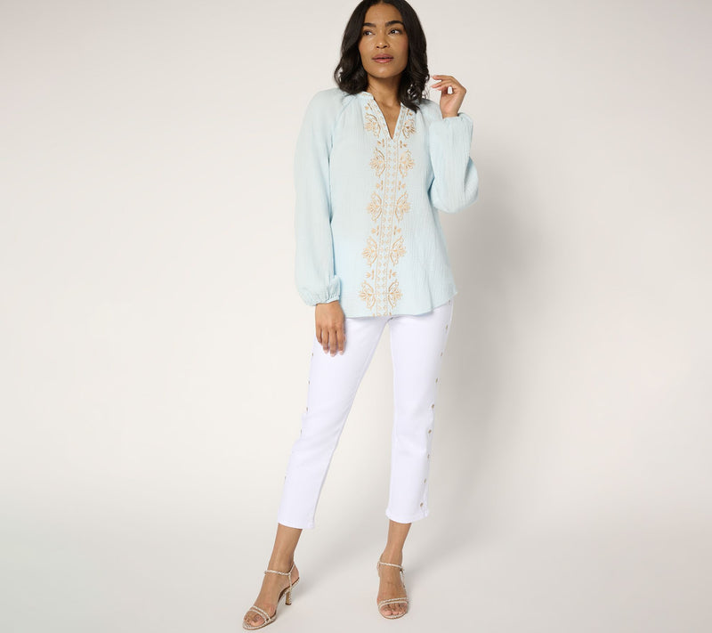 Belle by Kim Gravel Beach Club 100% Cotton Gauze Embroidered Top — View 5