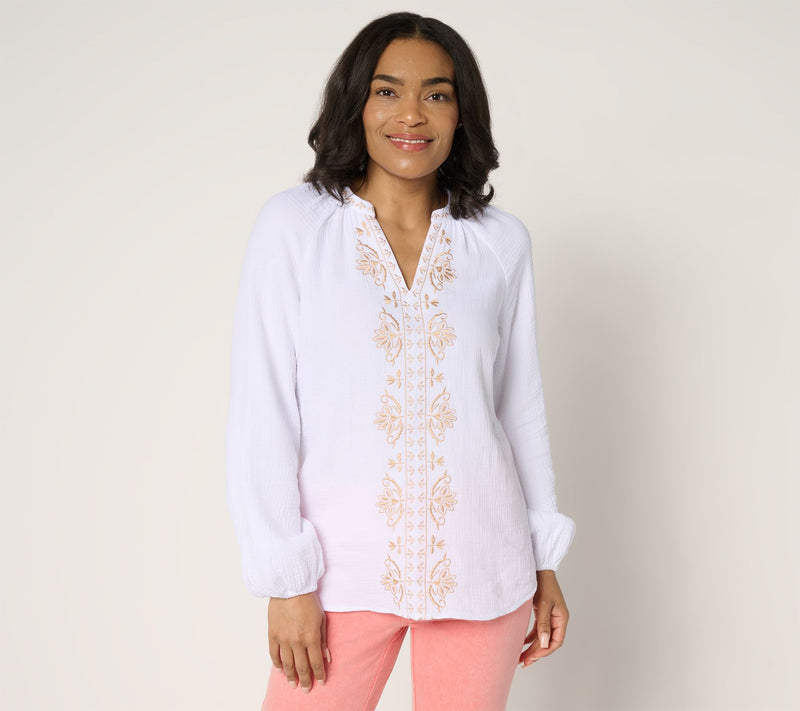 Belle by Kim Gravel Beach Club 100% Cotton Gauze Embroidered Top — View 12