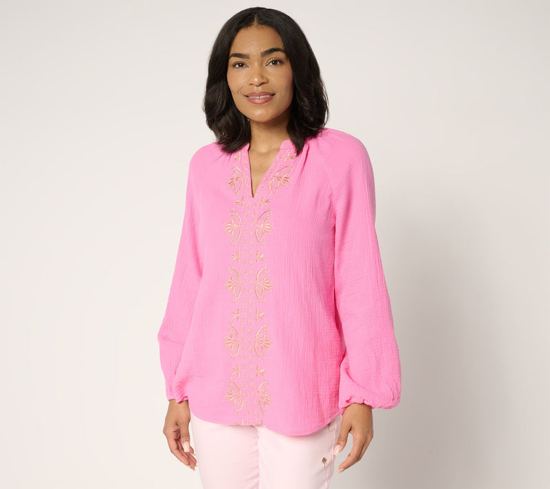 Belle by Kim Gravel Beach Club 100% Cotton Gauze Embroidered Top — View 13