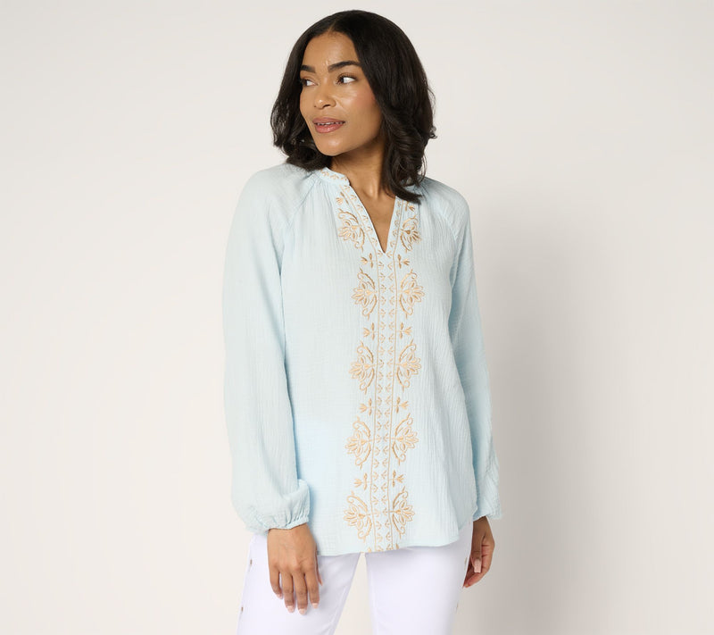 Belle by Kim Gravel Beach Club 100% Cotton Gauze Embroidered Top — Main view