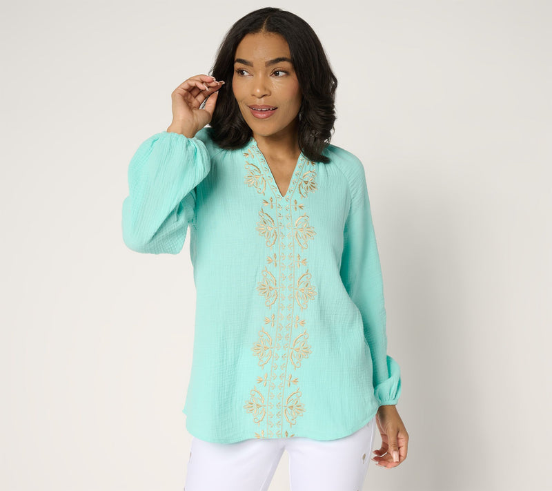 Belle by Kim Gravel Beach Club 100% Cotton Gauze Embroidered Top — View 15