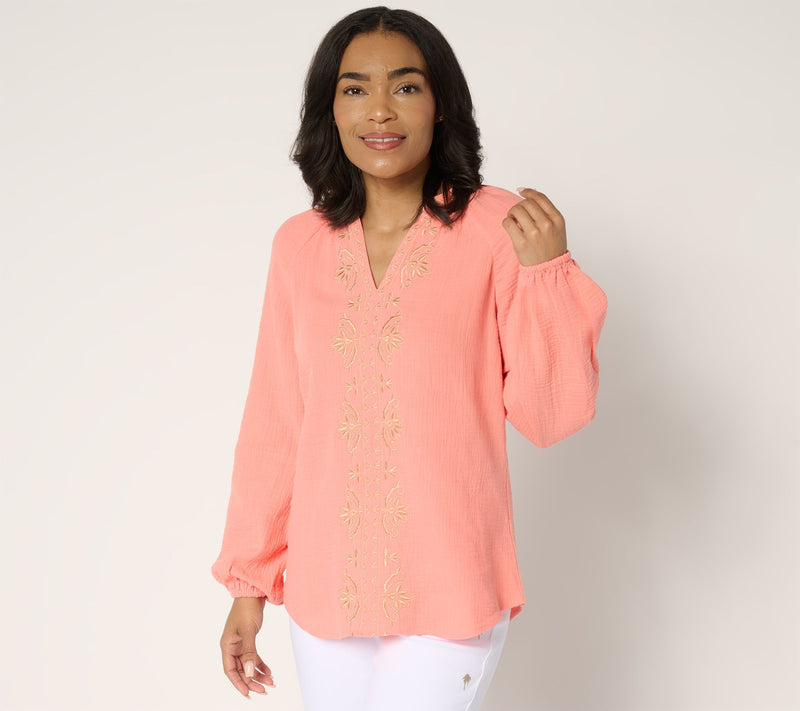 Belle by Kim Gravel Beach Club 100% Cotton Gauze Embroidered Top — View 16