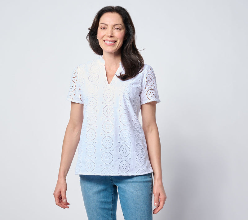 Belle by Kim Gravel Eyelet Front Knit Back Top — View 11