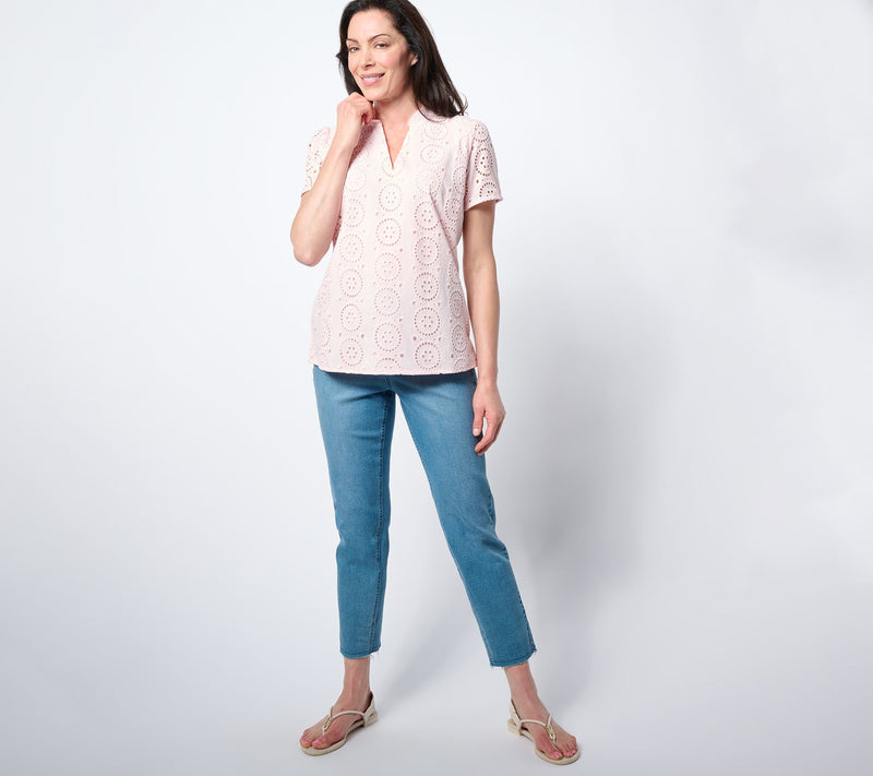 Belle by Kim Gravel Eyelet Front Knit Back Top — View 5