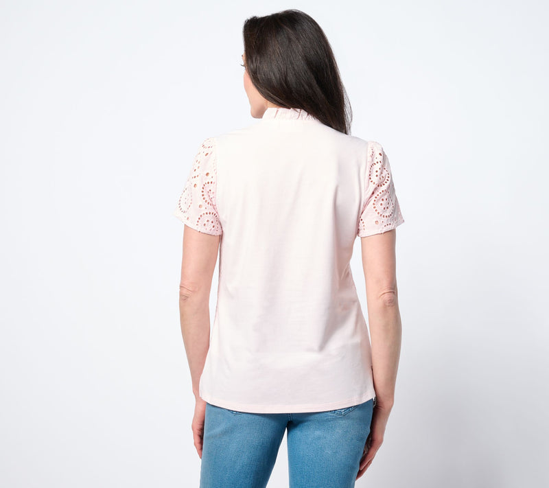 Belle by Kim Gravel Eyelet Front Knit Back Top — View 4