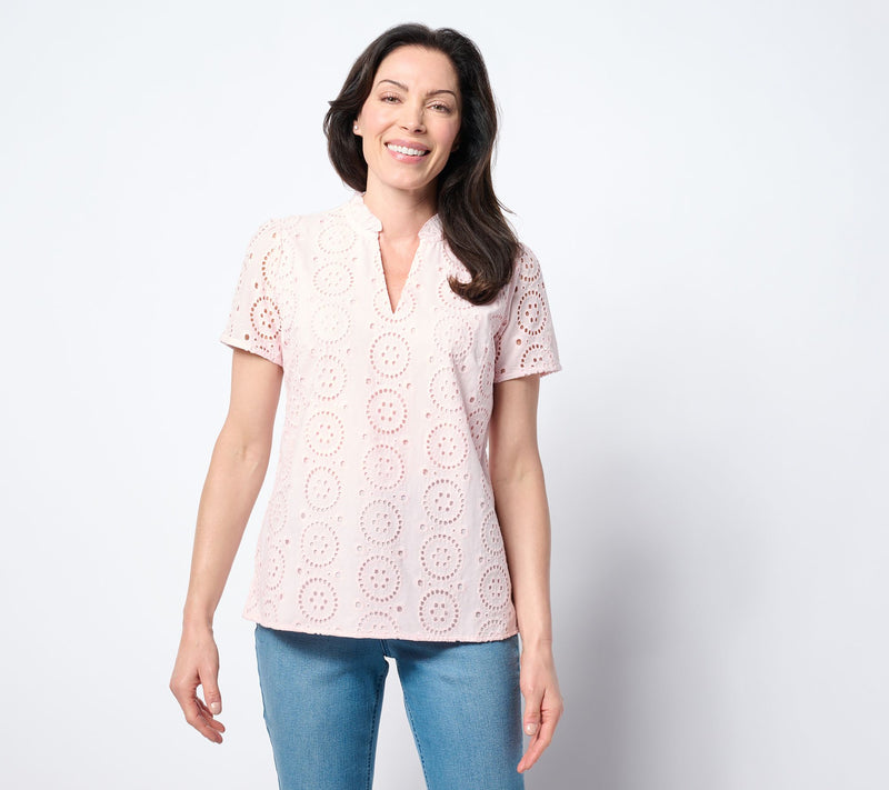 Belle by Kim Gravel Eyelet Front Knit Back Top — Main view