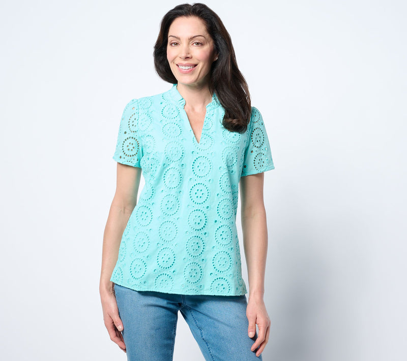 Belle by Kim Gravel Eyelet Front Knit Back Top — View 13