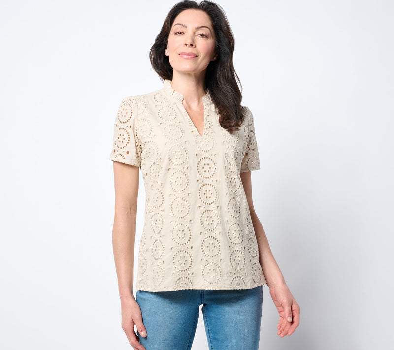 Belle by Kim Gravel Eyelet Front Knit Back Top — View 14