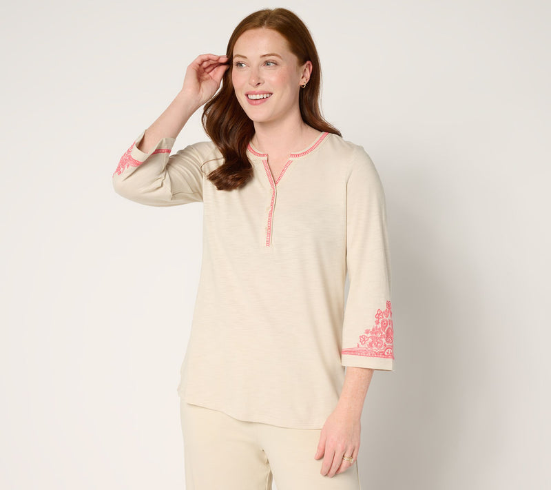 Belle by Kim Gravel Slub Knit Embroidered Sleeve Henley — Main view