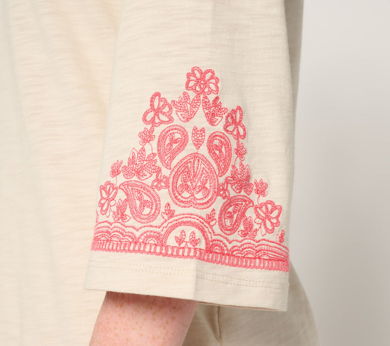 Belle by Kim Gravel Slub Knit Embroidered Sleeve Henley — View 6