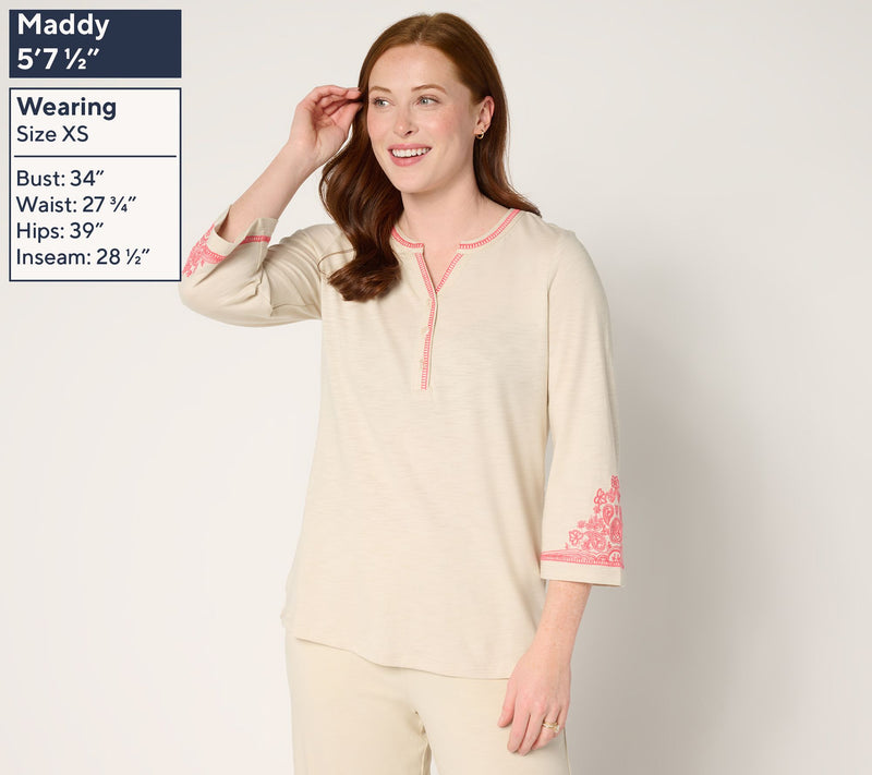 Belle by Kim Gravel Slub Knit Embroidered Sleeve Henley — View 3