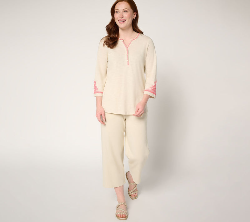 Belle by Kim Gravel Slub Knit Embroidered Sleeve Henley — View 5