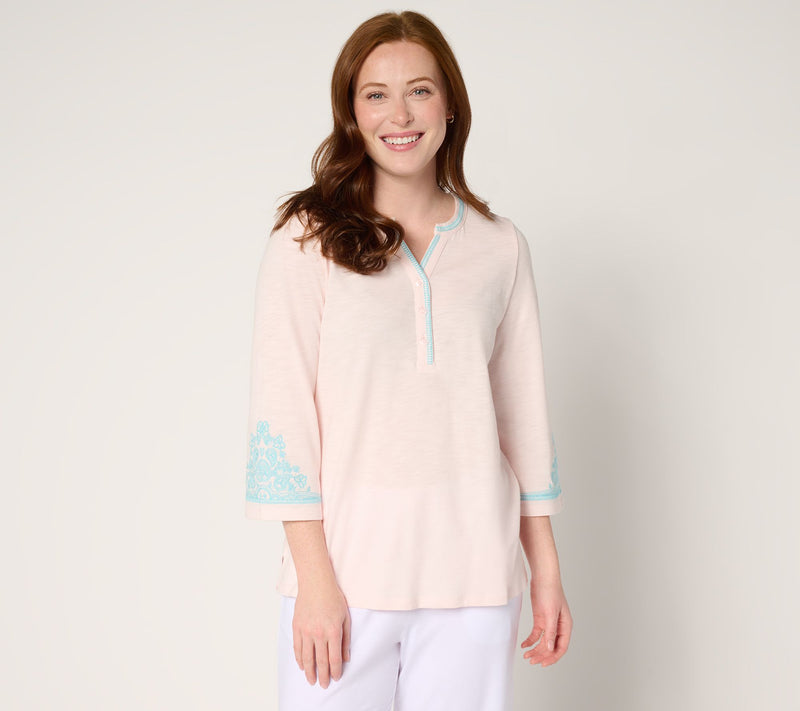 Belle by Kim Gravel Slub Knit Embroidered Sleeve Henley — View 14