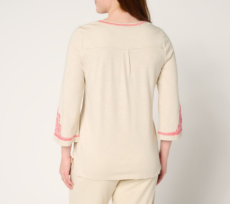 Belle by Kim Gravel Slub Knit Embroidered Sleeve Henley — View 4
