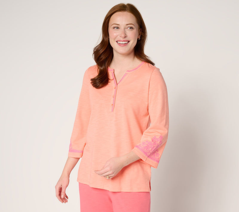 Belle by Kim Gravel Slub Knit Embroidered Sleeve Henley — View 15