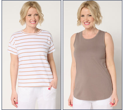AnyBody Essentials 2-Pack Cotton Striped T-Shirt and Tank