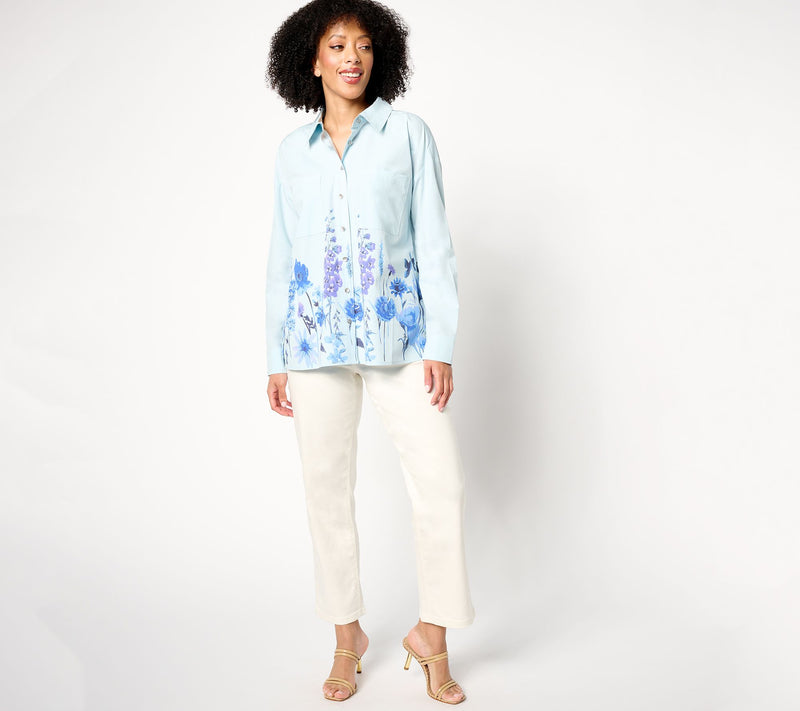 Women with Control Regular Button Front Shirt with Border Print — View 6