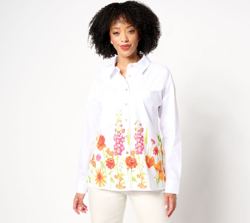 Women with Control Regular Button Front Shirt with Border Print — View 12