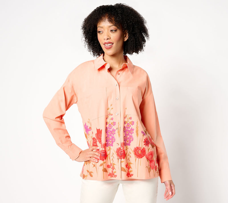 Women with Control Petite Button Front Shirt with Border Print — View 7