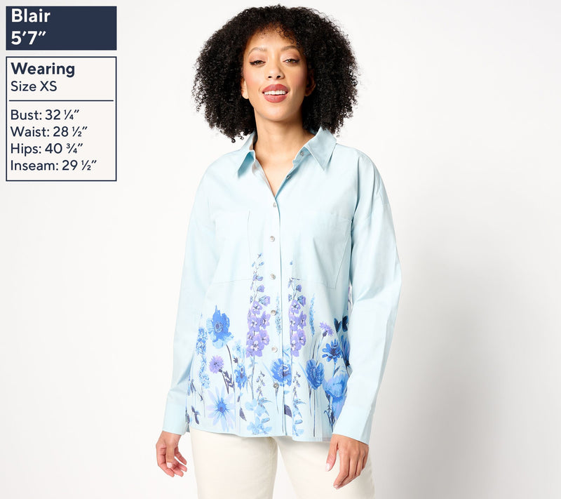 Women with Control Petite Button Front Shirt with Border Print — View 10