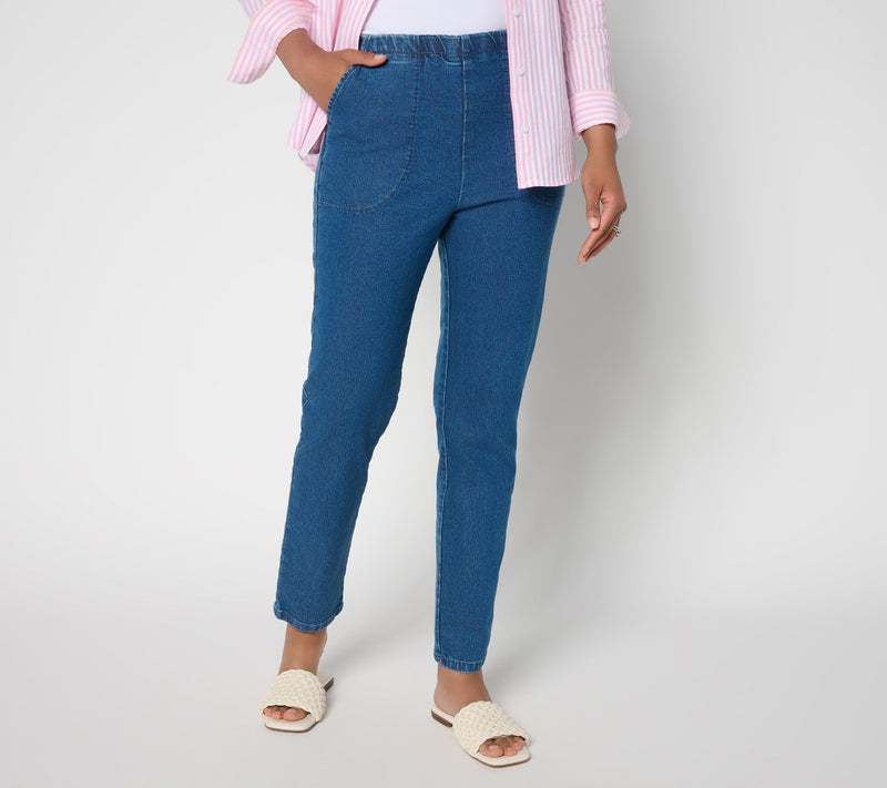 Denim & Co. Petite Indigo Flat Front Denim Side Pocket Pant — View 5