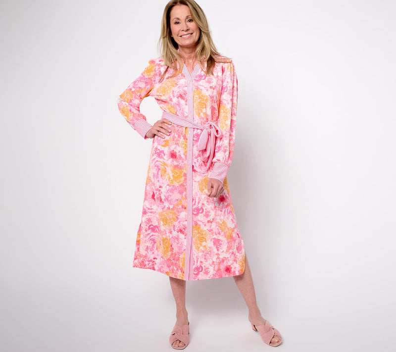 Isaac Mizrahi Live! Regular Pebblette Long Sleeve Midi Shirt Dress — View 5