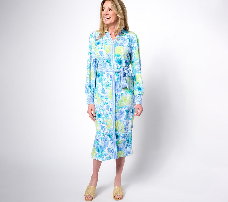 Isaac Mizrahi Live! Regular Pebblette Long Sleeve Midi Shirt Dress — View 3