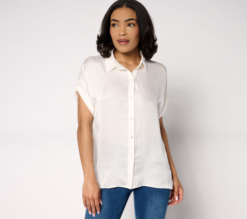 Dennis Basso Woven Camp Shirt with Rolled Sleeves — View 13