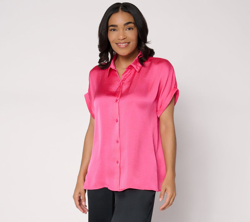 Dennis Basso Woven Camp Shirt with Rolled Sleeves — Main view