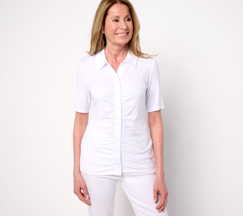 Dennis Basso Button Front Shirt with Shirring — View 13