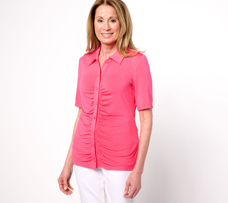 Dennis Basso Button Front Shirt with Shirring — View 16