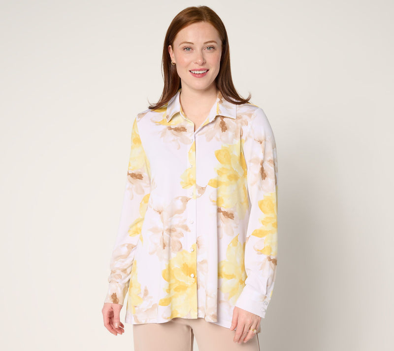 Dennis Basso Regular Printed Caviar Crepe Top with Enamel Buttons — Main view